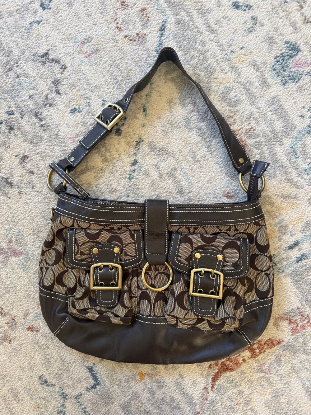 Coach Brown Signature Canvas Shoulder Bag with Dark Brown Leather Trim